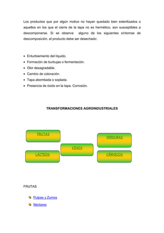 Los productos que por algún motivo no hayan quedado bien esterilizados o
aquellos en los que el cierre de la tapa no es hermético, son susceptibles a
descomponerse. Si se observa        alguno de los siguientes síntomas de
descomposición, el producto debe ser desechado:




• Enturbiamiento del líquido.
• Formación de burbujas o fermentación.
• Olor desagradable.
• Cambio de coloración.
• Tapa abombada o soplada.
• Presencia de óxido en la tapa. Corrosión.




               TRANSFORMACIONES AGROINDUSTRIALES




         FRUTAS
                                                     VERDURAS


                                VINOS

        LÁCTEOS                                      CÁRNICOS




FRUTAS


      Pulpas y Zumos

      Néctares
 