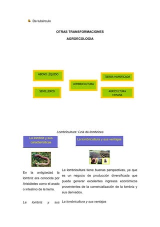 De tubérculo


                            OTRAS TRANSFORMACIONES

                                    AGROECOLOGIA




           ABONO LÍQUIDO
                                                               TIERRA HUMIFICADA

                                        LOMBRICULTURA

             SEMILLEROS                                          AGRICULTURA
                                                                   URBANA




                            Lombricultura: Cría de lombrices
     La lombriz y sus                      La lombricultura y sus ventajas
      características




                                 La lombricultura tiene buenas perspectivas, ya que
En    la   antigüedad       la
                                 es un negocio de producción diversificada que
lombriz era conocida por
                                 puede generar excelentes ingresos económicos
Aristóteles como el arado
                                 provenientes de la comercialización de la lombriz y
o intestino de la tierra.
                                 sus derivados.


La     lombriz     y    sus La lombricultura y sus ventajas
 