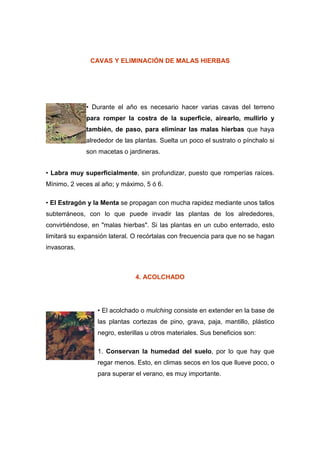 CAVAS Y ELIMINACIÓN DE MALAS HIERBAS




             • Durante el año es necesario hacer varias cavas del terreno
             para romper la costra de la superficie, airearlo, mullirlo y
             también, de paso, para eliminar las malas hierbas que haya
             alrededor de las plantas. Suelta un poco el sustrato o pínchalo si
             son macetas o jardineras.


• Labra muy superficialmente, sin profundizar, puesto que romperías raíces.
Mínimo, 2 veces al año; y máximo, 5 ó 6.

• El Estragón y la Menta se propagan con mucha rapidez mediante unos tallos
subterráneos, con lo que puede invadir las plantas de los alrededores,
convirtiéndose, en "malas hierbas". Si las plantas en un cubo enterrado, esto
limitará su expansión lateral. O recórtalas con frecuencia para que no se hagan
invasoras.



                               4. ACOLCHADO




                 • El acolchado o mulching consiste en extender en la base de
                 las plantas cortezas de pino, grava, paja, mantillo, plástico
                 negro, esterillas u otros materiales. Sus beneficios son:

                 1. Conservan la humedad del suelo, por lo que hay que
                 regar menos. Esto, en climas secos en los que llueve poco, o
                 para superar el verano, es muy importante.
 