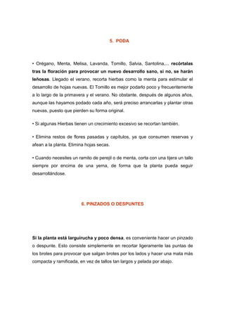 5. PODA



• Orégano, Menta, Melisa, Lavanda, Tomillo, Salvia, Santolina,... recórtalas
tras la floración para provocar un nuevo desarrollo sano, si no, se harán
leñosas. Llegado el verano, recorta hierbas como la menta para estimular el
desarrollo de hojas nuevas. El Tomillo es mejor podarlo poco y frecuentemente
a lo largo de la primavera y el verano. No obstante, después de algunos años,
aunque las hayamos podado cada año, será preciso arrancarlas y plantar otras
nuevas, puesto que pierden su forma original.

• Si algunas Hierbas tienen un crecimiento excesivo se recortan también.

• Elimina restos de flores pasadas y capítulos, ya que consumen reservas y
afean a la planta. Elimina hojas secas.

• Cuando necesites un ramito de perejil o de menta, corta con una tijera un tallo
siempre por encima de una yema, de forma que la planta pueda seguir
desarrollándose.




                        6. PINZADOS O DESPUNTES




Si la planta está larguirucha y poco densa, es conveniente hacer un pinzado
o despunte. Esto consiste simplemente en recortar ligeramente las puntas de
los brotes para provocar que salgan brotes por los lados y hacer una mata más
compacta y ramificada, en vez de tallos tan largos y pelada por abajo.
 
