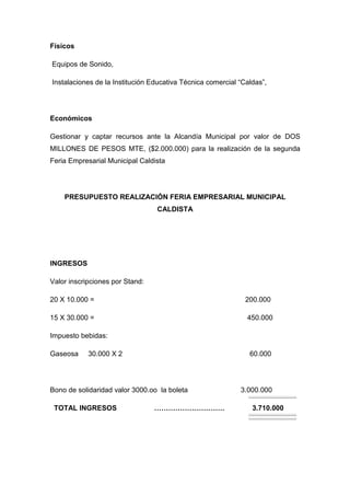 Físicos

Equipos de Sonido,

Instalaciones de la Institución Educativa Técnica comercial “Caldas”,




Económicos

Gestionar y captar recursos ante la Alcandía Municipal por valor de DOS
MILLONES DE PESOS MTE, ($2.000.000) para la realización de la segunda
Feria Empresarial Municipal Caldista




    PRESUPUESTO REALIZACIÓN FERIA EMPRESARIAL MUNICIPAL
                                 CALDISTA




INGRESOS

Valor inscripciones por Stand:

20 X 10.000 =                                                 200.000

15 X 30.000 =                                                 450.000

Impuesto bebidas:

Gaseosa     30.000 X 2                                         60.000




Bono de solidaridad valor 3000.oo la boleta                 3.000.000

 TOTAL INGRESOS                  …………………………                     3.710.000
 
