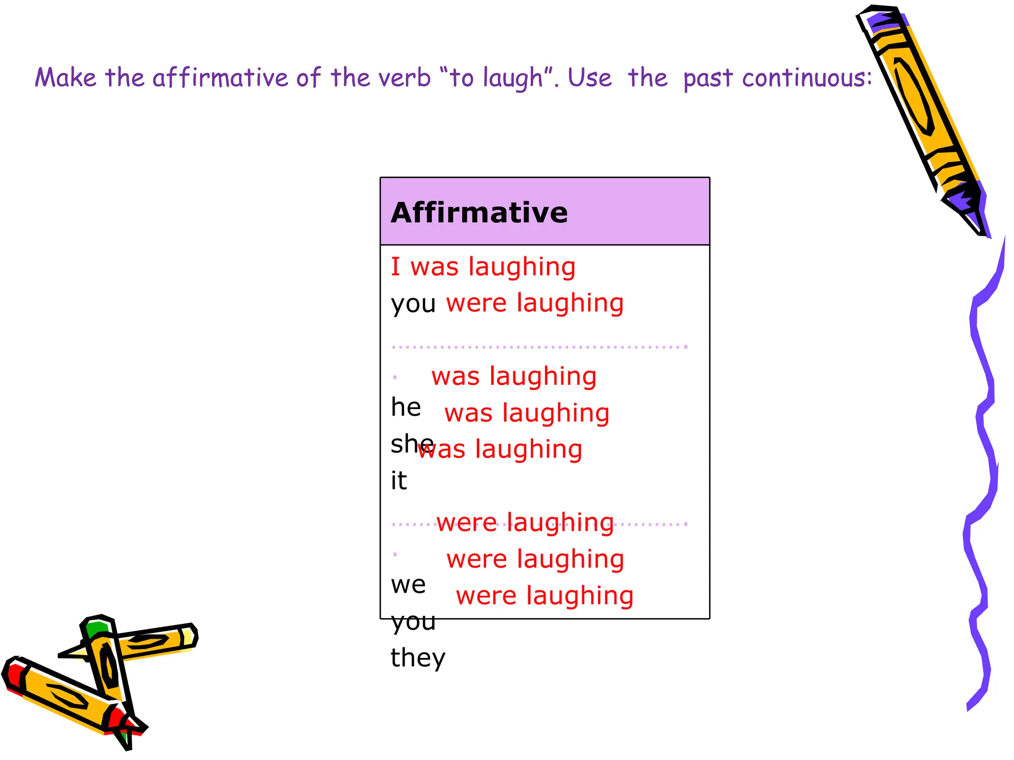 was laughing was laughing were laughing was laughing was laughing were laughing were laughing were laughing Make the affirmative of the verb “to laugh”. Use  the  past continuous: Affirmative I you …………………………………… .. he she it …………………………………… .. we you they 