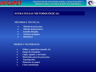 o  Fólder y papel bon tamaño A4. o         Juego de escuadras. o         Lápiz, tajador y borrador. o         Materiales para los proyectos. o          Papelógrafos. o         Plumones de papel. o         Cinta maskintape ESTRATEGIAS METODOLÓGICAS. MÉTODOS Y TÉCNICAS. o         Método de proyectos. o         Método demostrativo. o         Estudio dirigido. o         Técnicas grupales. o         Dinámicas MEDIOS Y MATERIALES. 
