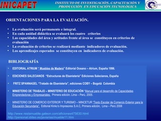 ORIENTACIONES PARA LA EVALUACIÓN. La evaluación será permanente e integral. En cada unidad didáctica se evaluará los cuatro  criterios  Las capacidades del área y actitudes frente al área se  constituyen en criterios de evaluación La evaluación de criterios se realizará mediante  indicadores de evaluación. Los aprendizajes esperados  se constituyen en  indicadores de evaluación.   BIBLIOGRAFÍA EDITORIAL ATRIUM  “ Muebles de Madera ” Editorial Oceano – Atrium, España 1996. EDICIONES SALECIANOS  “Estructuras de Ebanistería” Ediciones Salecianos, España  FRITZ SPANNAGEL “Tratado de Ebanisterìa”, ediciones COBY – Bogotá  Colombia MINISTERIO DE TRABAJO – MINISTERIO DE EDUCACIÒN  “ Manual para el desarrollo de Capacidades Emprendedoras y Empresariales.   Primera edición, Lima – Perú, 2005. MINISTERIO DE COMERCIO EXTERIOR Y TURISMO – MINCETUR  “Texto Escolar de Comercio Exterior para la Educación Secundaria”,   Editorial Kinko’s Impresores S.A.C, Primera edición,  Lima – Perú 2006 http://www.restamueble.galeon.com/aficiones475630.html http://personal.iddeo.es/javiarias/mueble11.htm   