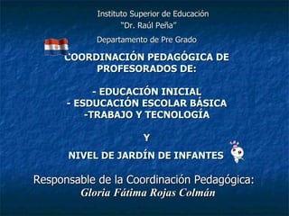 Instituto Superior de Educación
                   “Dr. Raúl Peña”
            Departamento de Pre Grado

     COORDINACIÓN PEDAGÓGICA DE
          PROFESORADOS DE:

            - EDUCACIÓN INICIAL
      - ESDUCACIÓN ESCOLAR BÁSICA
          -TRABAJO Y TECNOLOGÍA

                        Y
      NIVEL DE JARDÍN DE INFANTES

Responsable de la Coordinación Pedagógica:
        Gloria Fátima Rojas Colmán
 