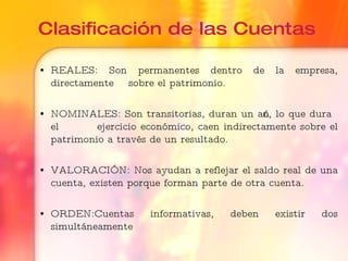 Clasificación de las Cuentas REALES: Son permanentes dentro de la empresa, directamente sobre el patrimonio. NOMINALES: Son transitorias, duran un año, lo que dura el ejercicio económico, caen indirectamente sobre el patrimonio a través de un resultado. VALORACIÓN: Nos ayudan a reflejar el saldo real de una cuenta, existen porque forman parte de otra cuenta. ORDEN:Cuentas informativas, deben existir dos simultáneamente