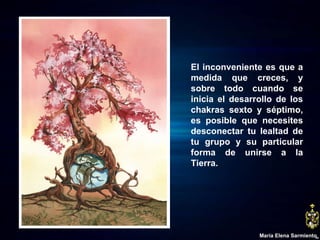 El inconveniente es que a medida que creces, y sobre todo cuando se inicia el desarrollo de los chakras sexto y séptimo, es posible que necesites desconectar tu lealtad de tu grupo y su particular forma de unirse a la Tierra.  María Elena Sarmiento 