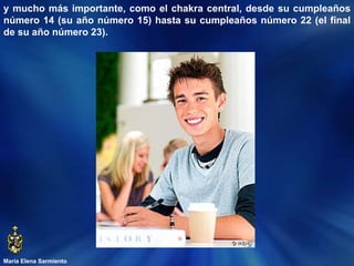María Elena Sarmiento y mucho más importante, como el chakra central, desde su cumpleaños número 14 (su año número 15) hasta su cumpleaños número 22 (el final de su año número 23).  