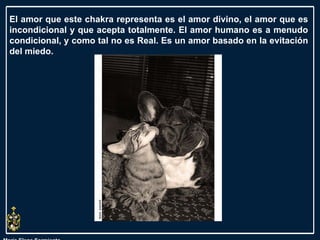 María Elena Sarmiento El amor que este chakra representa es el amor divino, el amor que es incondicional y que acepta totalmente. El amor humano es a menudo condicional, y como tal no es Real. Es un amor basado en la evitación del miedo.  