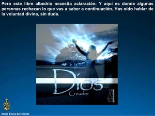 María Elena Sarmiento Pero este libre albedrío necesita aclaración. Y aquí es donde algunas personas rechazan lo que vas a saber a continuación. Has oído hablar de la voluntad divina, sin duda.  