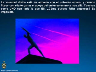 María Elena Sarmiento La voluntad divina está en armonía con el universo entero, y cuando fluyes con ella te ganas el apoyo del universo entero y más allá. Caminas como UNO con todo lo que ES. ¿Cómo puedes fallar entonces? Es imposible. 