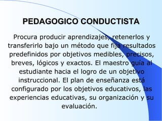 PEDAGOGICO CONDUCTISTA Procura producir aprendizajes, retenerlos y transferirlo bajo un método que fija resultados predefinidos por objetivos medibles, precisos, breves, lógicos y exactos. El maestro guía al estudiante hacia el logro de un objetivo instruccional. El plan de enseñanza está configurado por los objetivos educativos, las experiencias educativas, su organización y su evaluación.  