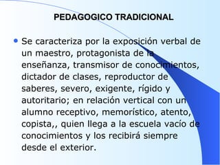 PEDAGOGICO TRADICIONAL Se caracteriza por la exposición verbal de un maestro, protagonista de la enseñanza, transmisor de conocimientos, dictador de clases, reproductor de saberes, severo, exigente, rígido y autoritario; en relación vertical con un alumno receptivo, memorístico, atento, copista,, quien llega a la escuela vacío de conocimientos y los recibirá siempre desde el exterior.  