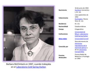 BarbaraMcClintock en 1947, cuando trabajaba en el Laboratorio Cold Spring Harbor. 