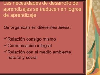 Las necesidades de desarrollo de aprendizajes se traducen en logros de aprendizaje Se organizan en diferentes áreas: Relación consigo mismo Comunicación integral Relación con el medio ambiente natural y social 