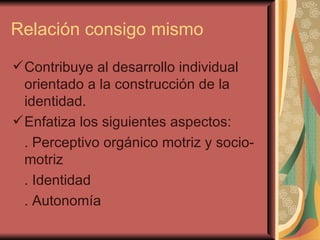 Relación consigo mismo Contribuye al desarrollo individual orientado a la construcción de la  identidad. Enfatiza los siguientes aspectos: . Perceptivo orgánico motriz y socio-motriz . Identidad . Autonomía 