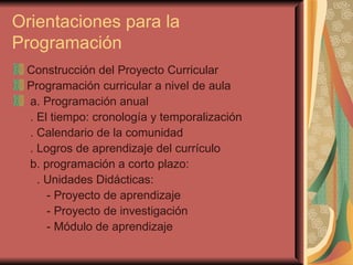 Orientaciones para la Programación Construcción del Proyecto Curricular Programación curricular a nivel de aula a. Programación anual . El tiempo: cronología y temporalización . Calendario de la comunidad . Logros de aprendizaje del currículo b. programación a corto plazo: . Unidades Didácticas: - Proyecto de aprendizaje - Proyecto de investigación - Módulo de aprendizaje  