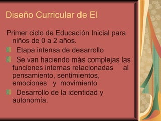 Diseño Curricular de EI Primer ciclo de Educación Inicial para niños de 0 a 2 años. Etapa intensa de desarrollo Se van haciendo más complejas las funciones internas relacionadas  al pensamiento, sentimientos,  emociones  y  movimiento Desarrollo de la identidad y autonomía. 
