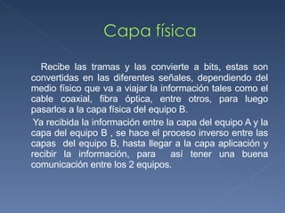 Recibe las tramas y las convierte a bits, estas son convertidas en las diferentes señales, dependiendo del medio físico que va a viajar la información tales como el cable coaxial, fibra óptica, entre otros, para luego pasarlos a la capa física del equipo B. Ya recibida la información entre la capa del equipo A y la capa del equipo B , se hace el proceso inverso entre las capas  del equipo B, hasta llegar a la capa aplicación y recibir la información, para  así tener una buena comunicación entre los 2 equipos.  