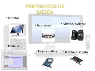 • Monitor

             • Impresora         • Altavoz, parlante




• Pantalla
             • Tarjeta gráfica    • tarjeta de sonido
 