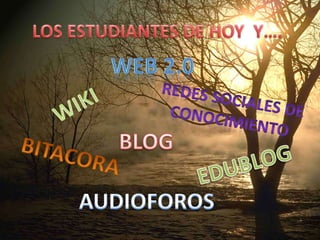 LOS ESTUDIANTES DE HOY  Y….WEB 2.0REDES SOCIALES DE CONOCIMIENTOWIKIBLOGBITACORAEDUBLOGAUDIOFOROS