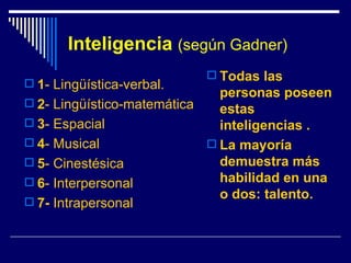 Inteligencia  (según Gadner)   1 - Lingüística-verbal. 2 - Lingüístico-matemática 3 - Espacial 4 - Musical 5 - Cinestésica 6 - Interpersonal 7-  Intrapersonal Todas las personas poseen estas inteligencias . La mayoría demuestra más habilidad en una o dos: talento.  