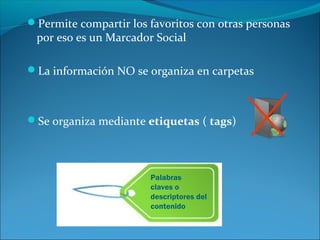 Permite compartir los favoritos con otras personas
por eso es un Marcador Social
La información NO se organiza en carpetas
Se organiza mediante etiquetas ( tags)
Palabras
claves o
descriptores del
contenido
 