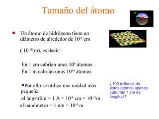 Tamaño del átomo Un átomo de hidrógeno tiene un    diámetro de alrededor de 10 -8  cm    ( 10 -10  m), es decir: En 1 cm cabrían unos 10 8  átomos En 1 m cabrían unos 10 10  átomos Por ello se utiliza una unidad más    pequeña  el ångström = 1 Å = 10 -8  cm = 10 -10 m el nanómetro = 1 nm = 10 -9  m ¡ 100 millones de estos átomos apenas cubrirían 1 cm de longitud !  