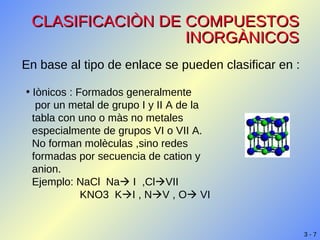 CLASIFICACIÒN DE COMPUESTOS INORGÀNICOS En base al tipo de enlace se pueden clasificar en : Iònicos : Formados generalmente    por un metal de grupo I y II A de la    tabla con uno o màs no metales    especialmente de grupos VI o VII A.    No forman molèculas ,sino redes    formadas por secuencia de cation y    anion. Ejemplo: NaCl  Na   I  ,Cl  VII KNO3  K  I , N  V , O   VI 