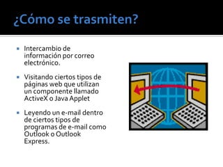 ¿Cómo se trasmiten?Intercambio de información por correo electrónico.Visitando ciertos tipos de páginas web que utilizan un componente llamado ActiveX o Java AppletLeyendo un e-mail dentro de ciertos tipos de programas de e-mail como Outlook o Outlook Express. 