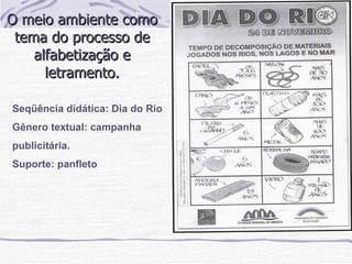 O meio ambiente como tema do processo de alfabetização e letramento. Seqüência didática: Dia do Rio Gênero textual: campanha publicitária. Suporte: panfleto 
