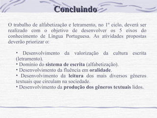 Concluindo O trabalho de alfabetização e letramento, no 1º ciclo, deverá ser realizado com o objetivo de desenvolver os 5 eixos do conhecimento de Língua Portuguesa. As atividades propostas deverão priorizar o:   Desenvolvimento da valorização da cultura escrita (letramento).  Domínio do  sistema de escrita  (alfabetização).  Desenvolvimento da fluência em  oralidade . Desenvolvimento da  leitura  dos mais diversos gêneros textuais que circulam na sociedade. Desenvolvimento da  produção dos gêneros textuais  lidos. 