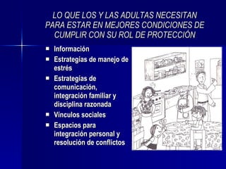 LO QUE LOS Y LAS ADULTAS NECESITAN PARA ESTAR EN MEJORES CONDICIONES DE CUMPLIR CON SU ROL DE PROTECCIÓN Información  Estrategias de manejo de estrés Estrategias de comunicación, integración familiar y disciplina razonada Vínculos sociales Espacios para integración personal y resolución de conflictos 