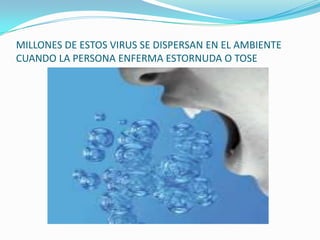 MILLONES DE ESTOS VIRUS SE DISPERSAN EN EL AMBIENTE CUANDO LA PERSONA ENFERMA ESTORNUDA O TOSE