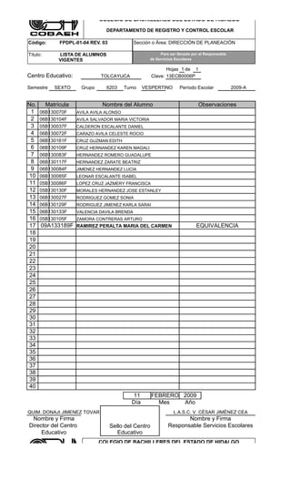 COLEGIO DE BACHILLERES DEL ESTADO DE HIDALGO

                                  DEPARTAMENTO DE REGISTRO Y CONTROL ESCOLAR

Código:        FPDPL-01-04 REV. 03             Sección o Área: DIRECCIÓN DE PLANEACIÓN

Título:        LISTA DE ALUMNOS                            Para ser llenado por el Responsable
               VIGENTES                               de Servicios Escolares

                                                               Hojas 1 de 1
Centro Educativo:              TOLCAYUCA                Clave: 13ECB0006P

Semestre     SEXTO     Grupo      6203     Turno    VESPERTINO       Período Escolar             2009-A


No.       Matrícula             Nombre del Alumno                              Observaciones
 1    06B130070F      AVILA AVILA ALONSO
 2    06B130104F      AVILA SALVADOR MARIA VICTORIA
 3    05B130037F      CALDERON ESCALANTE DANIEL
 4    06B130072F      CARAZO AVILA CELESTE ROCIO
 5    06B130161F      CRUZ GUZMAN EDITH
 6    06B130109F      CRUZ HERNANDEZ KAREN MAGALI
 7    06B130083F      HERNANDEZ ROMERO GUADALUPE
 8    06B130117F      HERNANDEZ ZARATE BEATRIZ
 9    06B130084F      JIMENEZ HERNANDEZ LUCIA
10    06B130085F      LEONAR ESCALANTE ISABEL
11    05B130086F      LOPEZ CRUZ JAZMERY FRANCISCA
12    05B130130F      MORALES HERNANDEZ JOSE ESTANLEY
13    06B130027F      RODRIGUEZ GOMEZ SONIA
14    06B130129F      RODRIGUEZ JIMENEZ KARLA SARAI
15    06B130133F      VALENCIA DAVILA BRENDA
16    05B130105F      ZAMORA CONTRERAS ARTURO
17    09A133189F RAMIREZ PERALTA MARIA DEL CARMEN                             EQUIVALENCIA
18
19
20
21
22
23
24
25
26
27
28
29
30
31
32
33
34
35
36
37
38
39
40
                                              11        FEBRERO 2009
                                              Día         Mes   Año
QUIM. DONAJI JIMENEZ TOVAR                                        L.A.S.C. V. CÈSAR JIMÈNEZ CEA
 Nombre y Firma                                                       Nombre y Firma
Director del Centro                  Sello del Centro          Responsable Servicios Escolares
     Educativo                          Educativo
                               COLEGIO DE BACHILLERES DEL ESTADO DE HIDALGO

                                 DEPARTAMENTO DE REGISTRO Y CONTROL ESCOLAR
 
