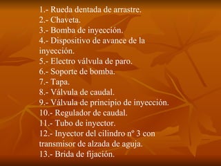 1.- Rueda dentada de arrastre. 2.- Chaveta. 3.- Bomba de inyección. 4.- Dispositivo de avance de la inyección. 5.- Electro válvula de paro. 6.- Soporte de bomba. 7.- Tapa. 8.- Válvula de caudal. 9.- Válvula de principio de inyección. 10.- Regulador de caudal. 11.- Tubo de inyector. 12.- Inyector del cilindro nº 3 con transmisor de alzada de aguja. 13.- Brida de fijación.  