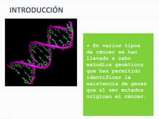  En varios tipos
de cáncer se han
llevado a cabo
estudios genéticos
que han permitido
identificar la
existencia de genes
que al ser mutados
originan el cáncer.
 