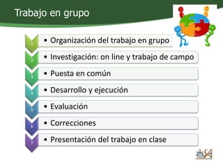 Trabajo en grupo 
1 • Organización del trabajo en grupo 
2 • Investigación: on line y trabajo de campo 
3 • Puesta en común 
4 • Desarrollo y ejecución 
5 • Evaluación 
6 • Correcciones 
7 • Presentación del trabajo en clase 
 