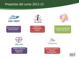 Motor híbrido para 
embarcaciones 
Productos y 
servicios para 
celiacos 
Tienda y servicios para 
enfermos de cáncer 
Medidor digital de 
glucosa para 
diabéticos 
Agencia de viajes on 
line para 
discapacitados 
Proyectos del curso 2012-13 
 