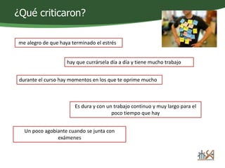 ¿Qué criticaron? 
me alegro de que haya terminado el estrés 
hay que currársela día a día y tiene mucho trabajo 
durante el curso hay momentos en los que te oprime mucho 
Es dura y con un trabajo continuo y muy largo para el 
poco tiempo que hay 
Un poco agobiante cuando se junta con 
exámenes 
 