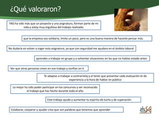 ¿Qué valoraron? 
FAG ha sido más que un proyecto y una asignatura, forman parte de mi 
vida y estoy muy orgullosa del trabajo realizado. 
que la empresa sea solidaria, limita un poco, pero es una buena manera de hacerte pensar más. 
No dudaría en volver a coger esta asignatura, ya que con seguridad me ayudara en el ámbito laboral 
aprendes a trabajar en grupo y a solventar situaciones en las que no habías estado antes 
Ver que otras personas creen en ese trabajo y confían en ti 
Te adaptas a trabajar a contrarreloj y el tener que presentar cada evaluación te da 
experiencia a la hora de hablar en público 
Lo mejor ha sido poder participar en los concursos y ver reconocido 
el trabajo que has hecho durante todo el año 
Este trabajo ayuda a aumentar tu espíritu de lucha y de superación. 
Colaborar, cooperar y ayudar creo que son palabras que tenemos que aprender 
 