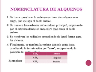 NOMENCLATURA DE ALQUENOS 1.  Se toma como base la cadena continua de carbonos mas larga, que incluya el doble enlace. 2.  Se numera los carbonos de la cadena principal, empezando por el extremo donde se encuentre mas cerca el doble enlace. 3.  Se nombran los radicales procediendo de igual forma para los alcanos. 4 . Finalmente, se nombra la cadena tomada como base, cambiando la terminación por  “eno” , anteponiendo la posición del doble enlace. Ejemplos: C 2 H 4 Eteno C 3 H 6 Propeno C 4 H 8 Buteno 