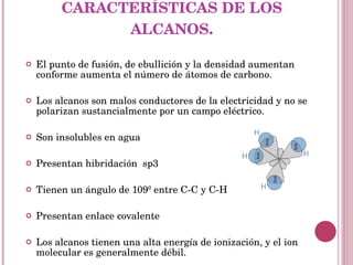 CARACTERÍSTICAS DE LOS ALCANOS . El punto de fusión, de ebullición y la densidad aumentan conforme aumenta el número de átomos de carbono. Los alcanos son malos conductores de la electricidad y no se polarizan sustancialmente por un campo eléctrico. Son insolubles en agua Presentan hibridación  sp3 Tienen un ángulo de 109º entre C-C y C-H  Presentan enlace covalente Los alcanos tienen una alta energía de ionización, y el ion molecular es generalmente débil. 