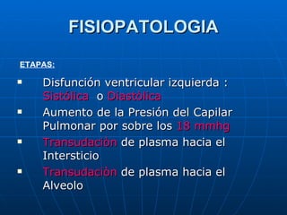 FISIOPATOLOGIA <ul><li>Disfunción ventricular izquierda :  Sistólica   o  Diastòlica </li></ul><ul><li>Aumento de la Presi...