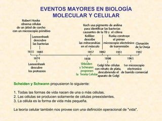 Scheiden y Schwann propusieron lo siguiente:
1. Todas las formas de vida nacen de una o más células.
2. Las células se producen solamente de células preexistentes.
3. La célula es la forma de vida más pequeña.
La teoría celular también nos provee con una definición operacional de "vida".
EVENTOS MAYORES EN BIOLOGÍA
MOLECULAR Y CELULAR
 