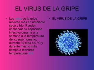 EL VIRUS DE LA GRIPE <ul><li>Los  virus  de la gripe resisten más en ambiente seco y frío. Pueden conservar su capacidad i...