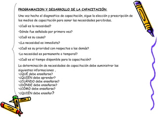 PROGRAMACION Y DESARROLLO DE LA CAPACITACIÓN     Una vez hecho el diagnostico de capacitación, sigue la elección y prescripción de los medios de capacitación para sanar las necesidades percibidas .  ¿Cuál es la necesidad? Dónde fue señalada por primera vez?  ¿Cuál es su causa? ¿La necesidad es inmediata? ¿Cuál es su prioridad con respectos a las demás? La necesidad es permanente o temporal? ¿Cuál es el tiempo disponible para la capacitación? La determinación de necesidades de capacitación debe suministrar las siguientes informaciones  . ¿QUÉ debe enseñarse? ¿QUIÉN debe aprender? ¿CUÁNDO debe enseñarse? ¿DÓNDE debe enseñarse? ¿CÓMO debe enseñarse? ¿QUIÉN debe enseñar ? 