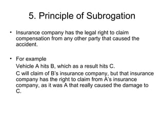 5. Principle of Subrogation Insurance company has the legal right to claim compensation from any other party that caused the accident. For example  Vehicle A hits B, which as a result hits C. C will claim of B’s insurance company, but that insurance company has the right to claim from A’s insurance company, as it was A that really caused the damage to C. 
