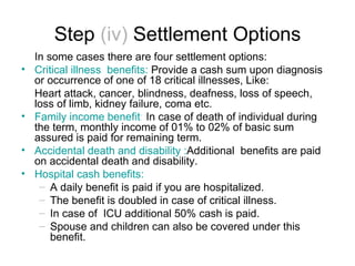 Step   (iv)  Settlement Options In some cases there are four settlement options: Critical illness  benefits:  Provide a cash sum upon diagnosis or occurrence of one of 18 critical illnesses, Like: Heart attack, cancer, blindness, deafness, loss of speech, loss of limb, kidney failure, coma etc. Family   income   benefit :  In case of death of individual during the term, monthly income of 01% to 02% of basic sum assured is paid for remaining term. Accidental death and disability : Additional  benefits are paid on accidental death and disability.  Hospital cash benefits:   A daily benefit is paid if you are hospitalized. The benefit is doubled in case of critical illness. In case of  ICU additional 50% cash is paid.  Spouse and children can also be covered under this benefit. 