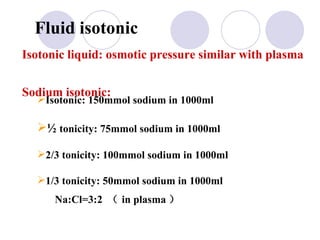 Na : Cl=3 :2  （ in plasma ） Fluid isotonic Isotonic liquid: osmotic pressure similar with plasma  Sodium isotonic: Isotonic: 150mmol sodium in 1000ml ½  tonicity: 75mmol sodium in 1000ml 2/3 tonicity: 100mmol sodium in 1000ml 1/3 tonicity: 50mmol sodium in 1000ml 